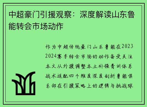 中超豪门引援观察：深度解读山东鲁能转会市场动作